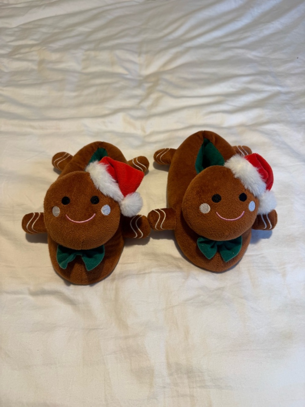 Kids Gingerbread Plush Slippers with Red Santa Hats